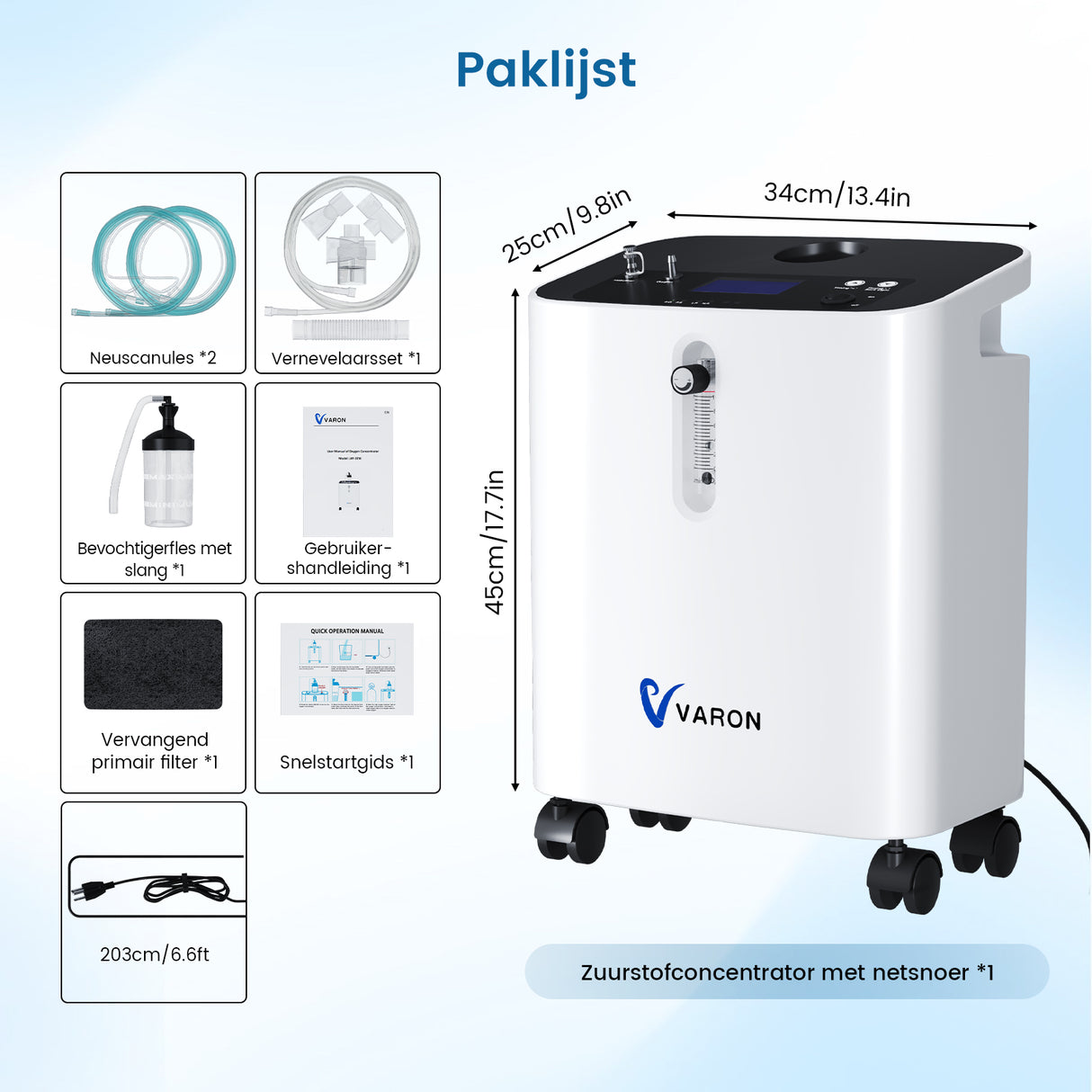 VARON VH-3 PRO Zuurstofconcentrator voor Thuisgebruik | 1-10L/min Instelbaar, Vernevelaarfunctie, Stille Therapie, CE-goedgekeurd