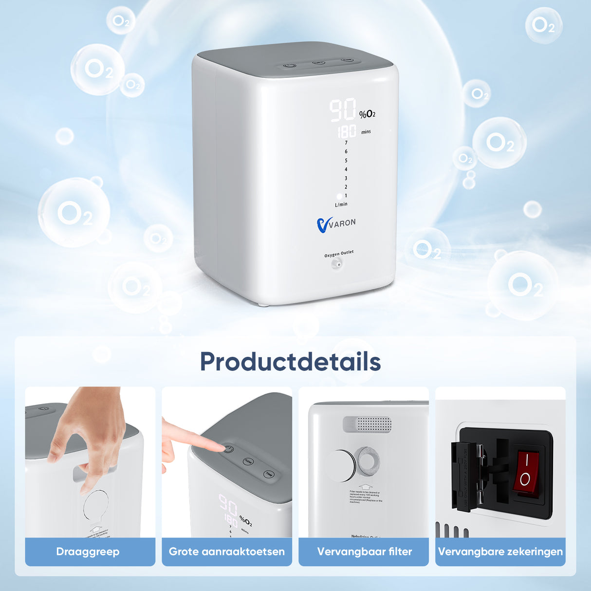 VARON VH-3 Zuurstofconcentrator voor thuisgebruik | 1-7L/min Comfortabele therapie, CE-goedgekeurd