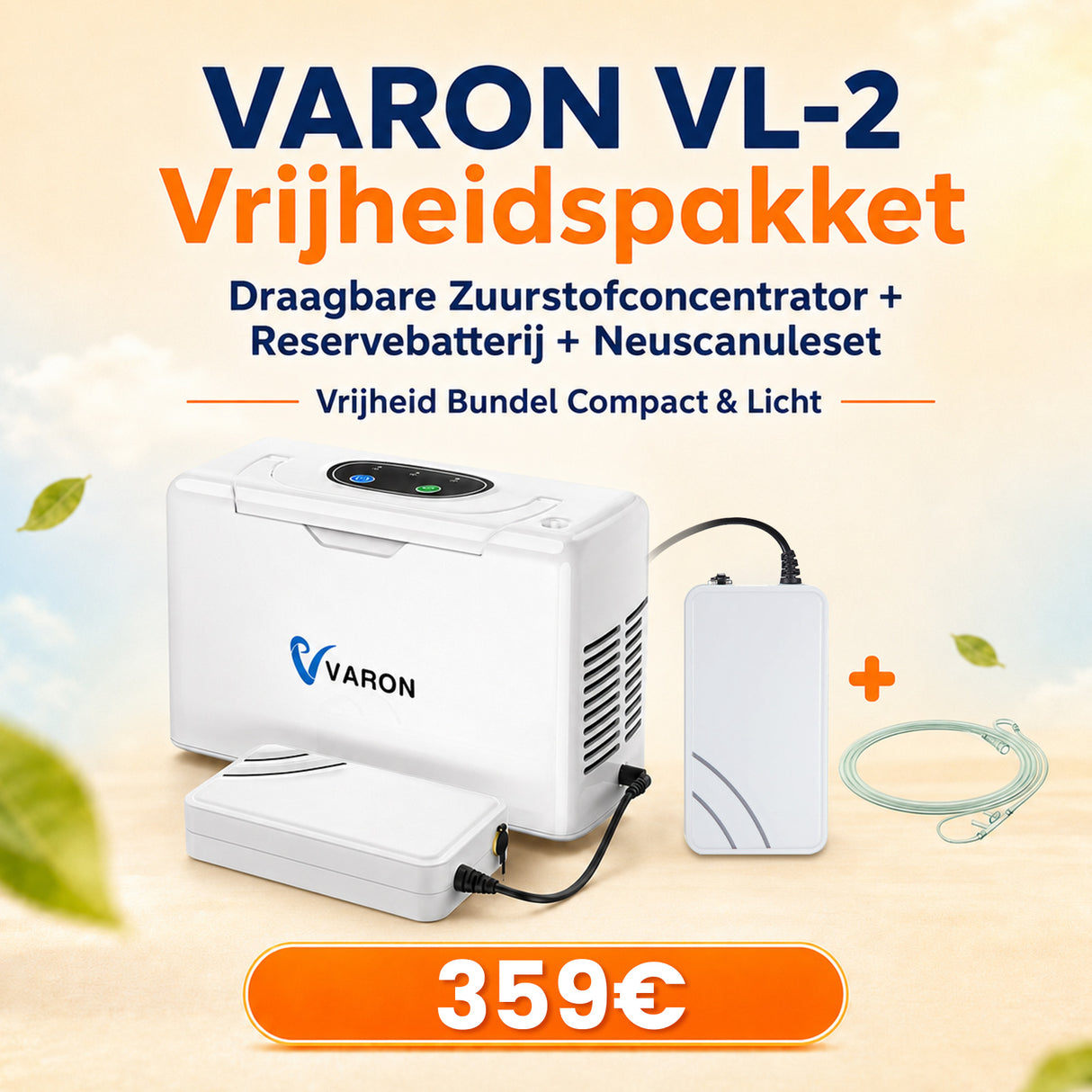 VARON VL-2 Vrijheidspakket | Draagbare Zuurstofconcentrator + Reservebatterij + Neuscanuleset
