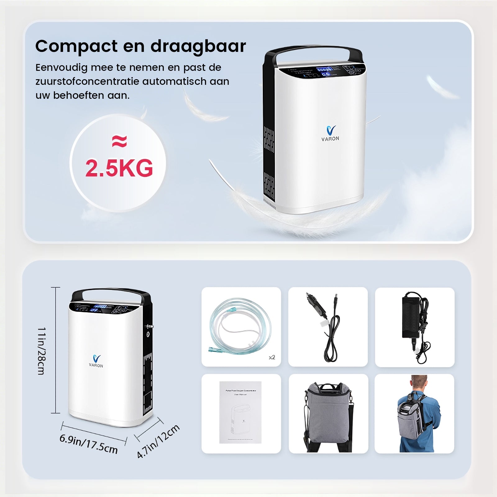 VARON VP-1 Pulse draagbare zuurstofconcentrator 24 uur in bedrijf, CE-goedgekeurd