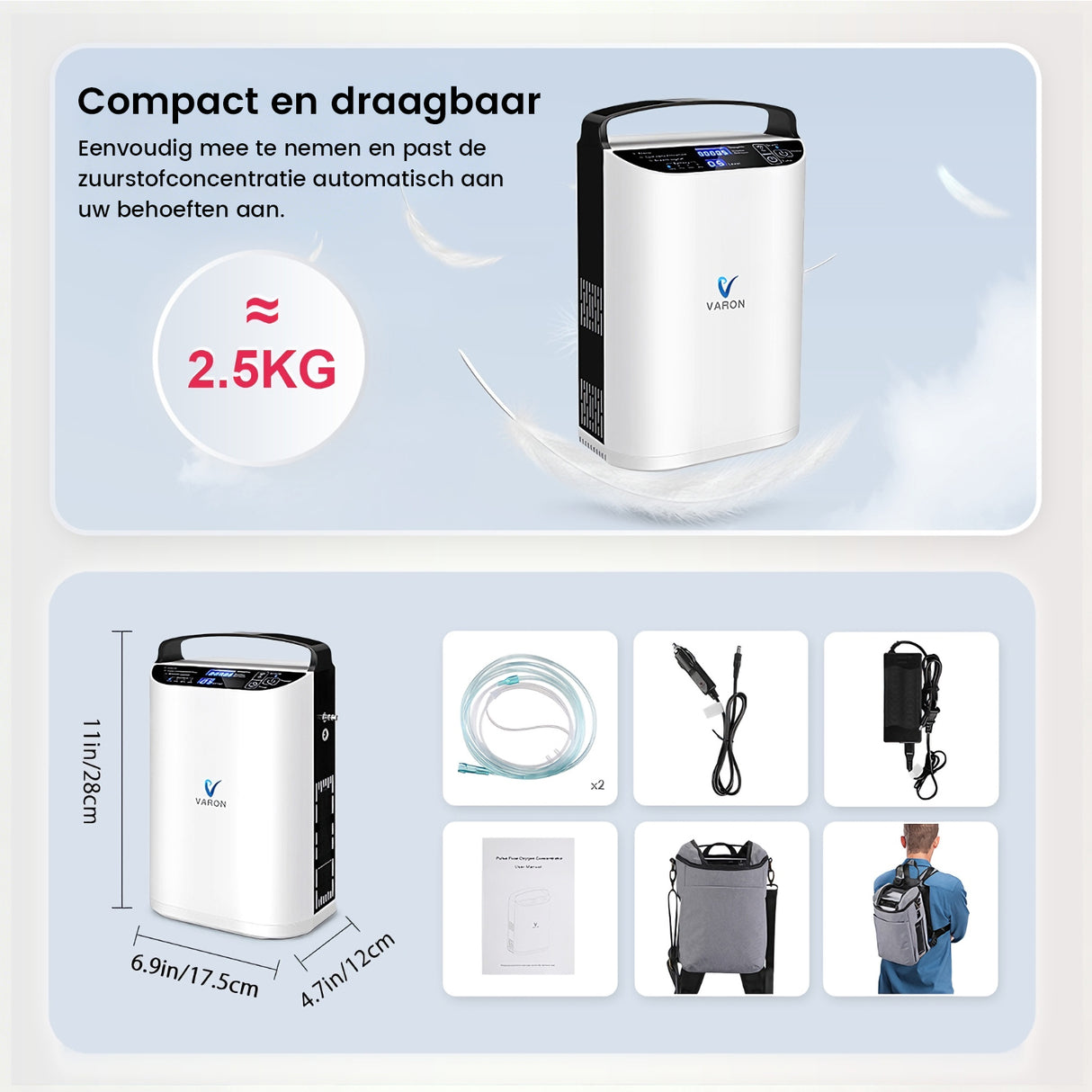 VARON VP-1 Pulse draagbare zuurstofconcentrator 24 uur in bedrijf, CE-goedgekeurd