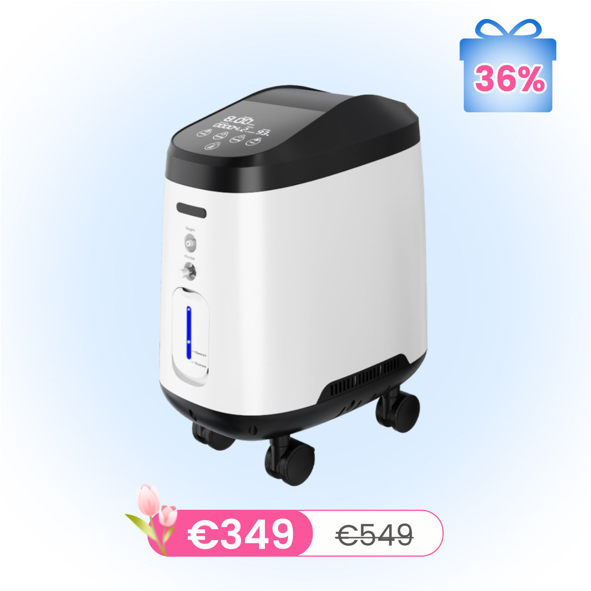 VARON VH-2 PRO zuurstof apparaat voor thuis | 1-9L/min instelbaar, Met wielen voor gemakkelijke verplaatsing, 24 uur in bedrijf, CE-goedgekeurd