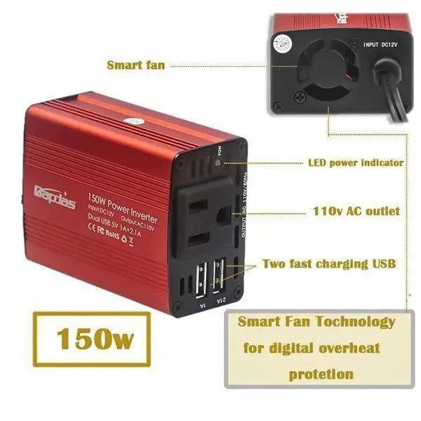 Convertisseur 150 W pour voiture avec double port USB 3,1 A, 12 V à 110 V/220 V