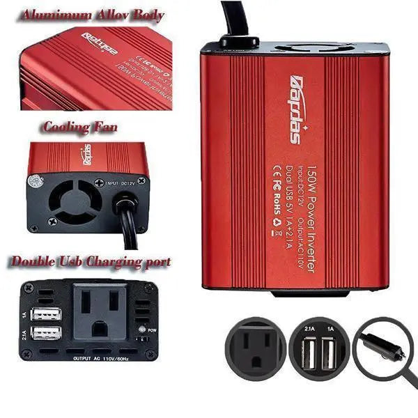 Convertisseur 150 W pour voiture avec double port USB 3,1 A, 12 V à 110 V/220 V