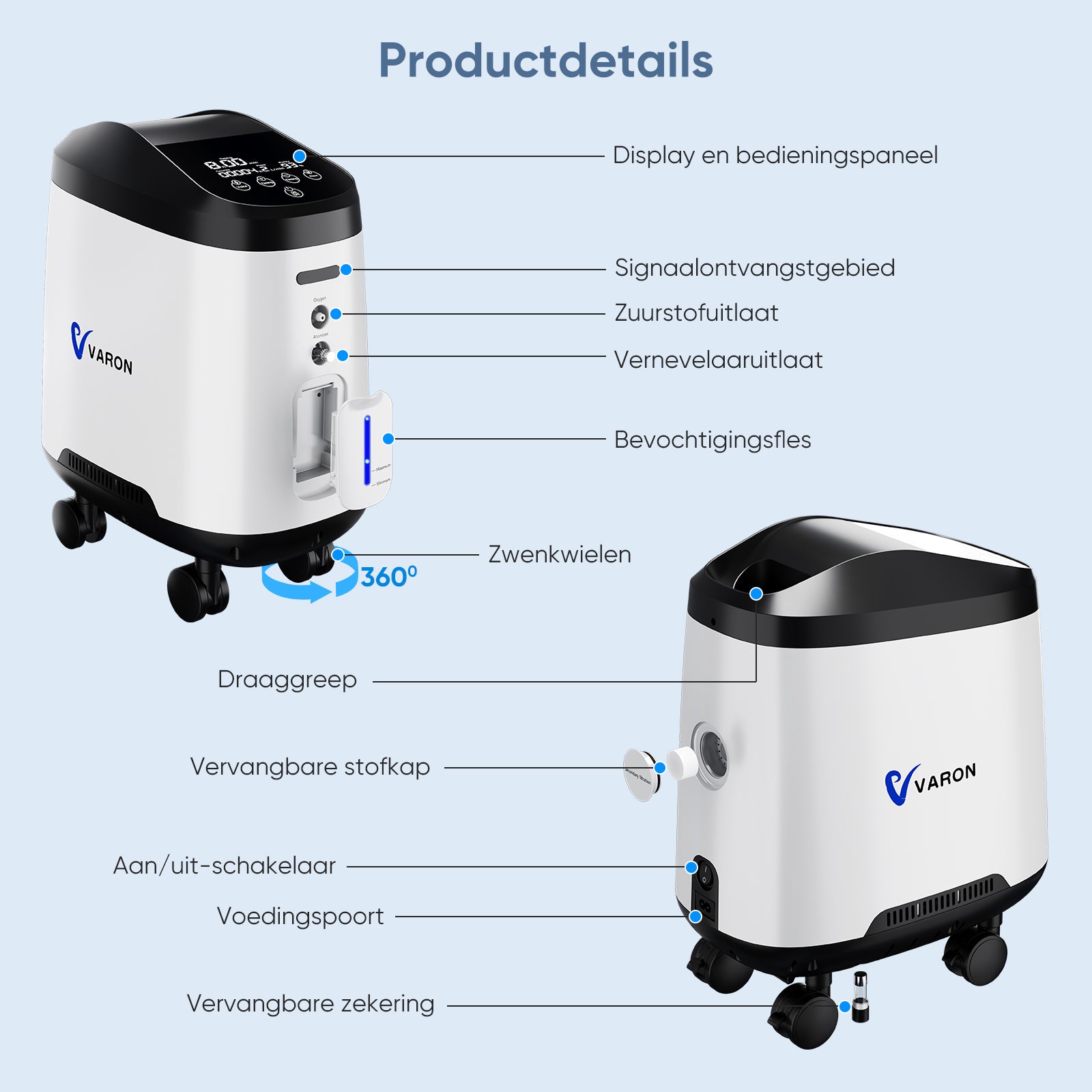 VARON VH-2 PRO Zuurstofconcentrator voor thuisgebruik | 1-9L/min instelbaar, Met wielen voor gemakkelijke verplaatsing, 24 uur in bedrijf, CE-goedgekeurd