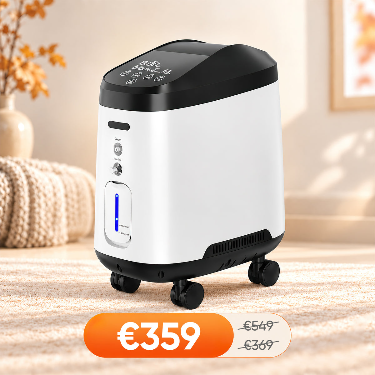 VARON VH-2 PRO zuurstof apparaat voor thuis | 1-9L/min instelbaar, Met wielen voor gemakkelijke verplaatsing, 24 uur in bedrijf, CE-goedgekeurd