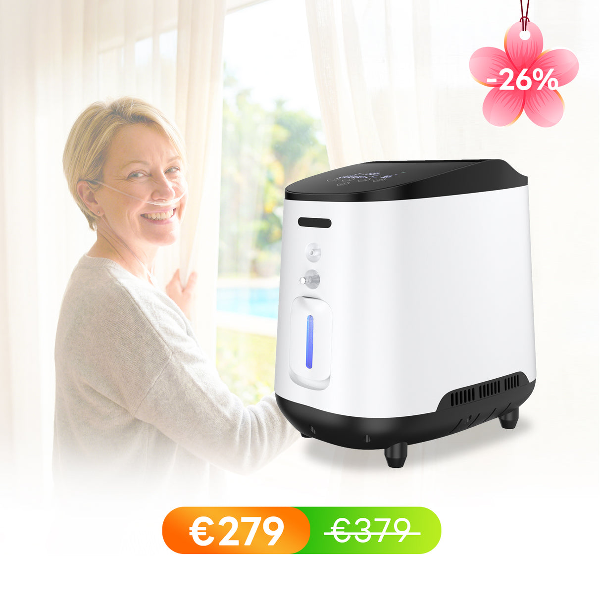 Dispositif d'oxygénothérapie à domicile VARON VH-2 | Débit réglable de 1 à 7 L/min, fonctionnement 24 h/24, homologué CE