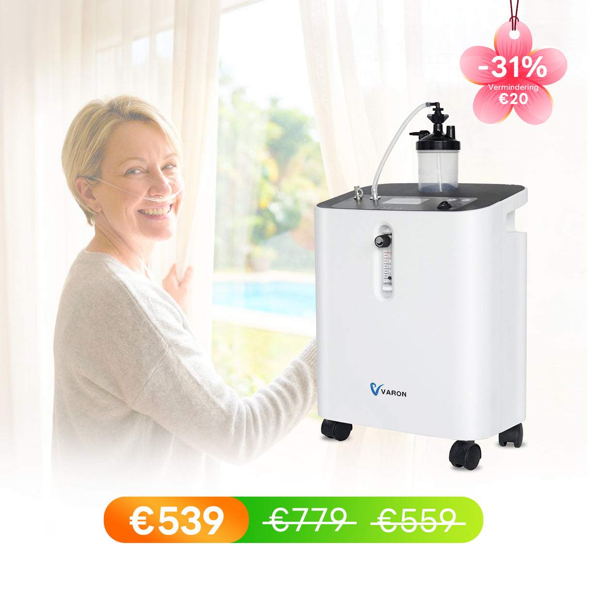 VARON VH-3 Home Oxygen Concentrator | 1-7 L/min Comfortable therapy, CE approved