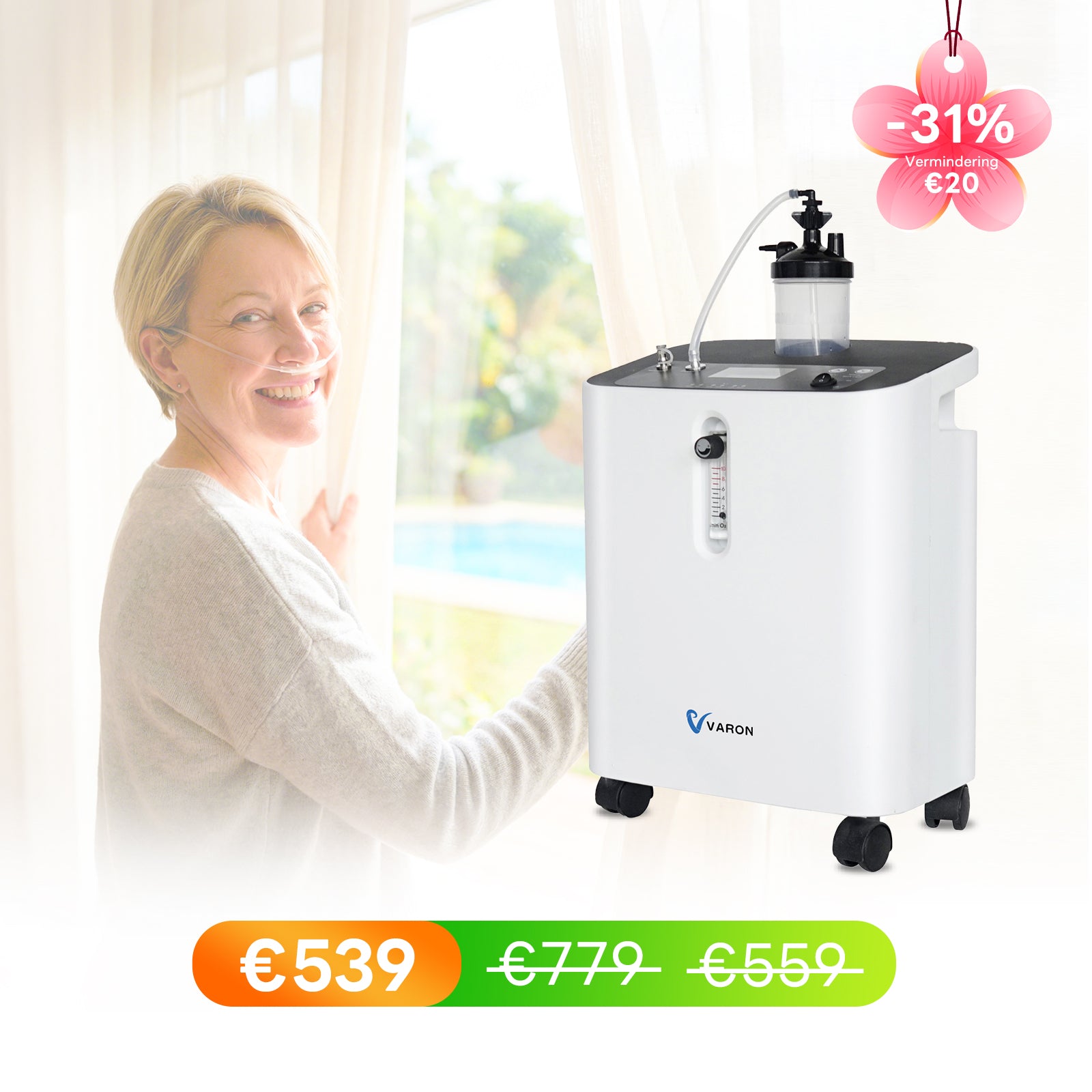 VARON VH-3 PRO zuurstof apparaat voor thuis | 1-10L/min Instelbaar, Vernevelaarfunctie, Stille Therapie, CE-goedgekeurd