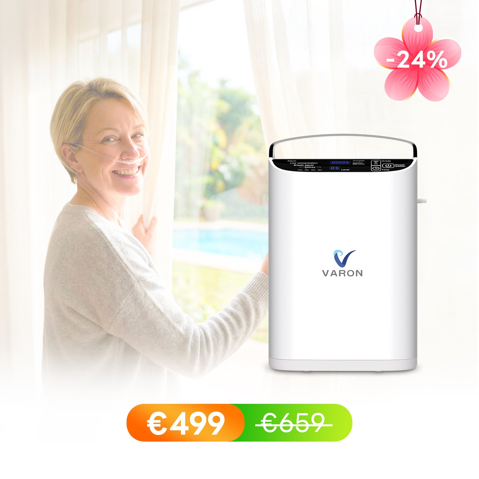 VARON VP-1 Pulse draagbare zuurstofconcentrator 24 uur in bedrijf, CE-goedgekeurd