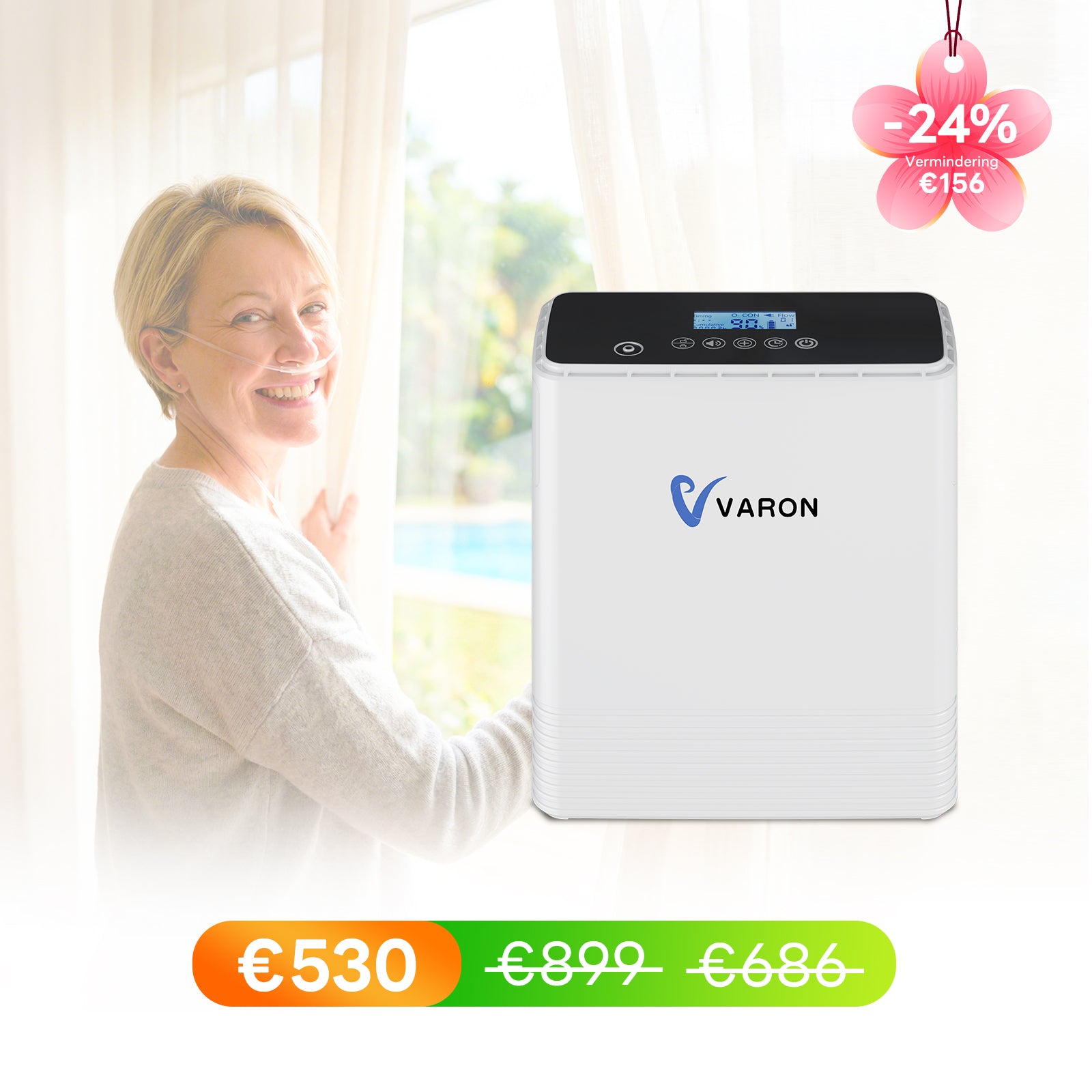 VARON VP-6 Continue Draagbare Zuurstofconcentrator | 1-6L/min Debiet, CE-goedgekeurd