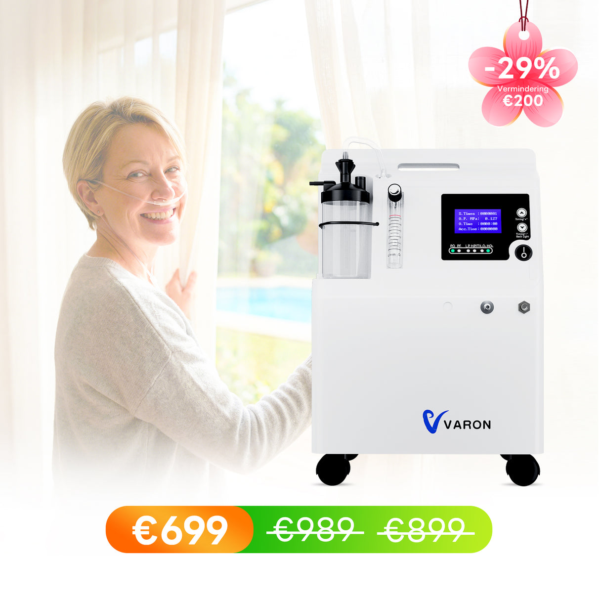 Dispositif d'oxygénothérapie à domicile VARON Serene 5L, silencieux et d'une autonomie de 72 heures, approuvé par la FDA.